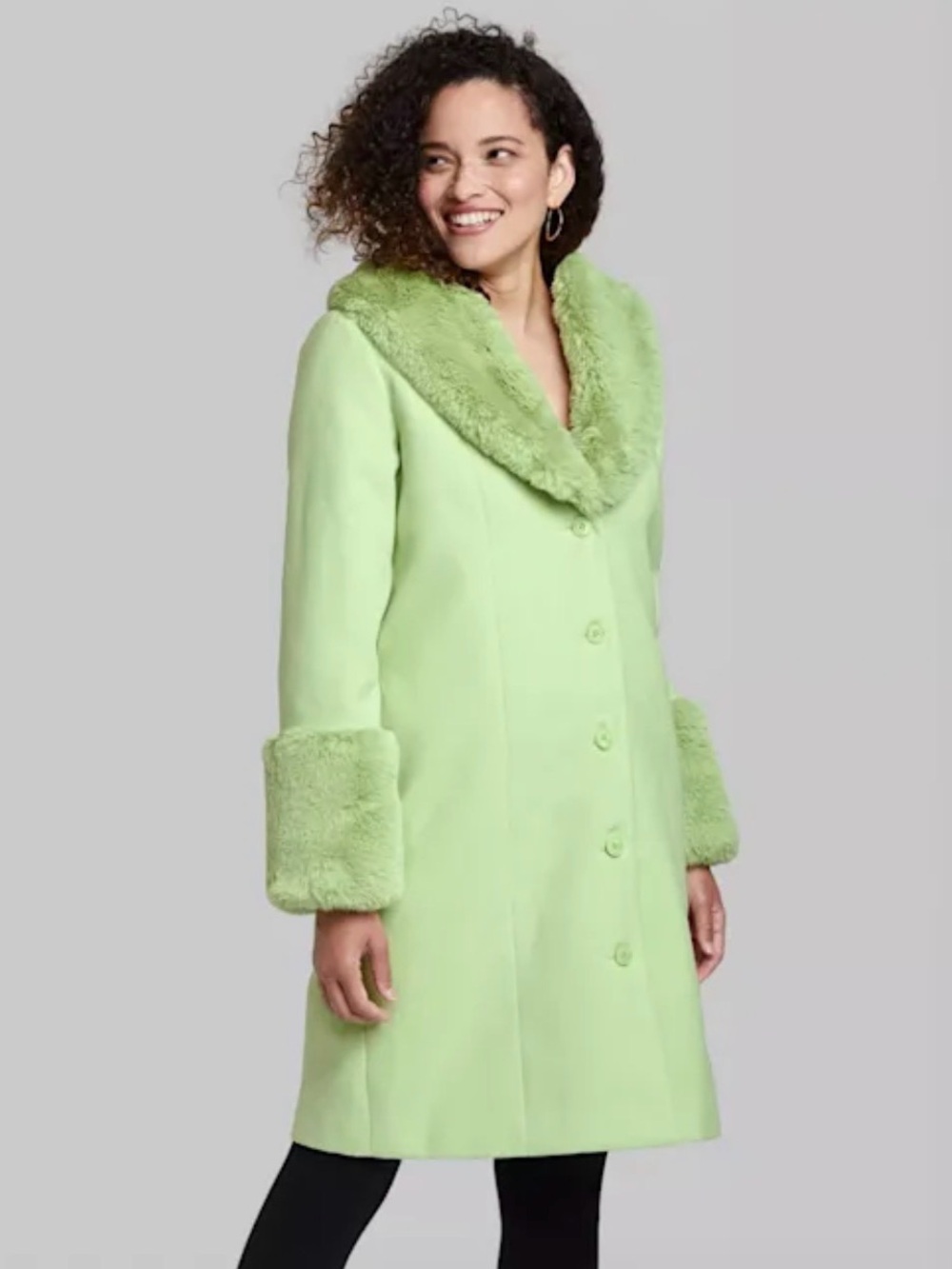 wild fable Light Green Faux-Fur Trim Coat